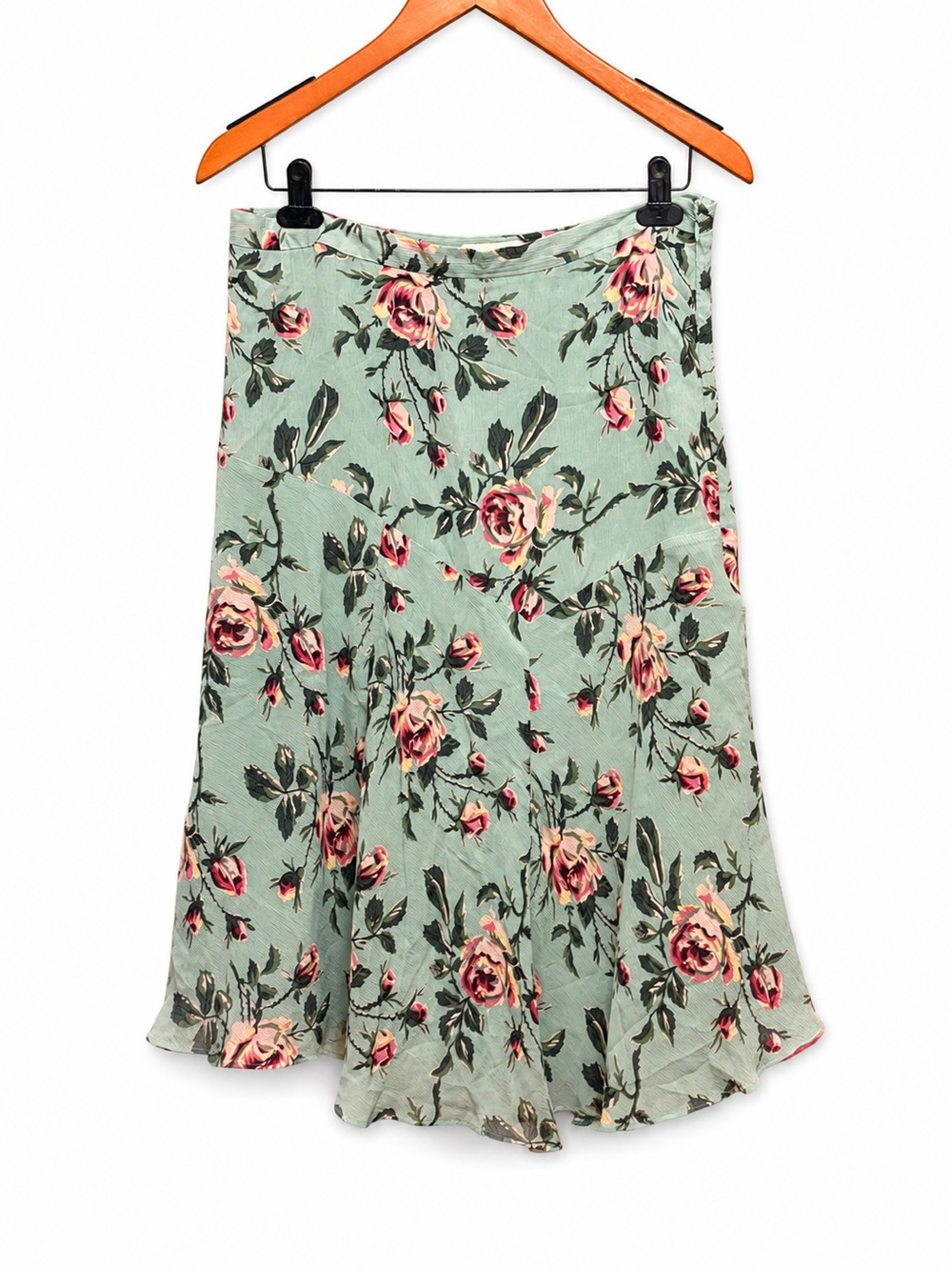 Vintage Banana Republic 100% Silk Floral Skirt | Y2K Sage Green Rose Print Midi
